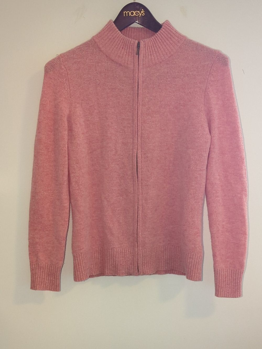 WoolOvers Heathered Pink Zip-Front Mock Neck Wool Sweater Size M